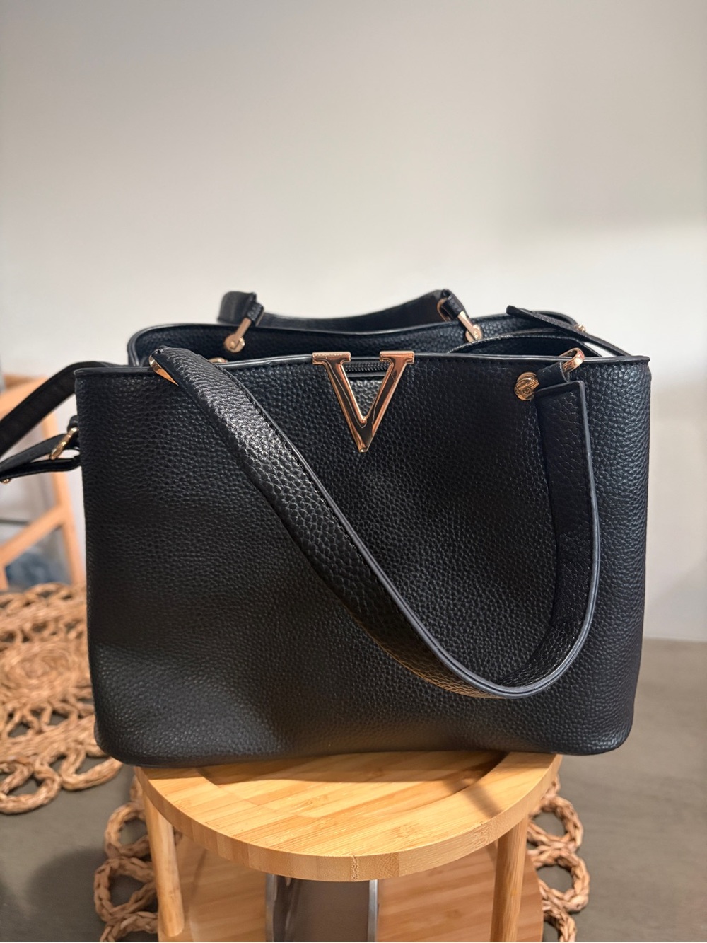 Black Leather Tote Bag with Gold V Accent - Women Bags